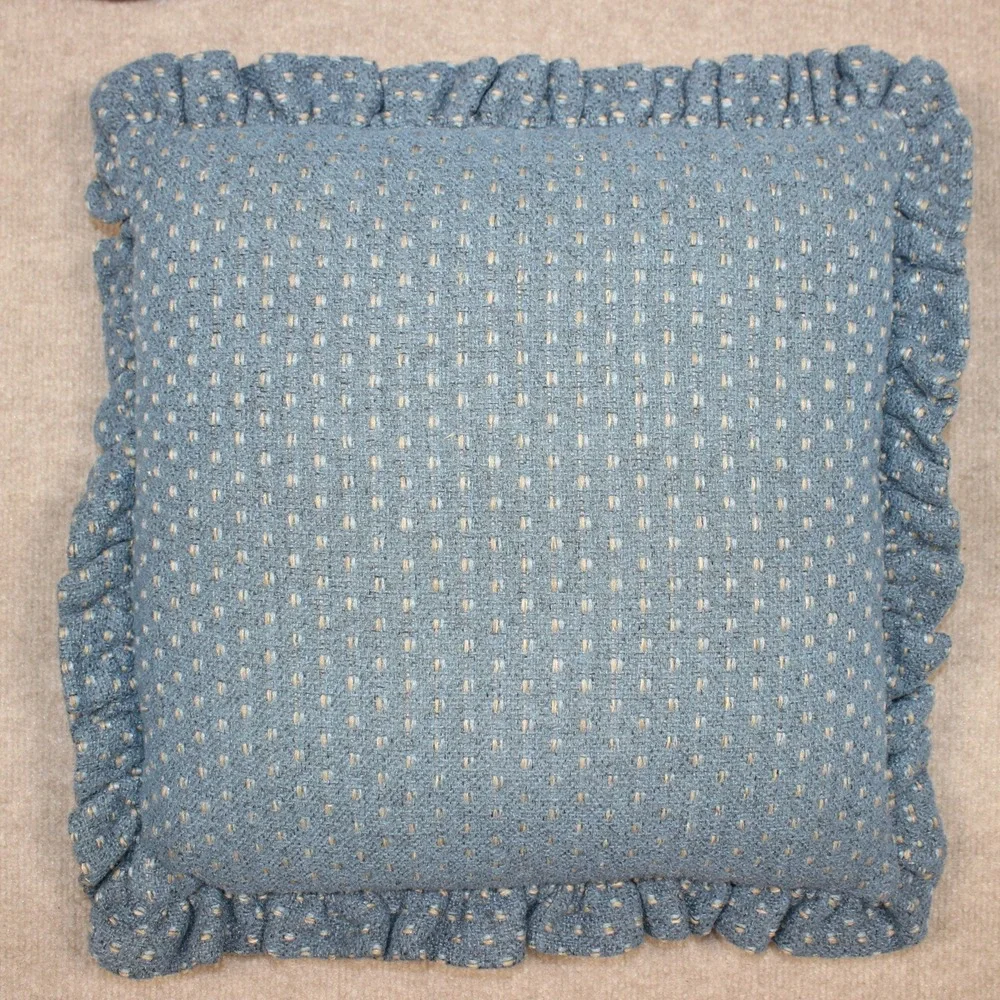 Set of 2 Blue Woven Ruffle Throw Pillows Textured Dotted Cottagecore 16x16